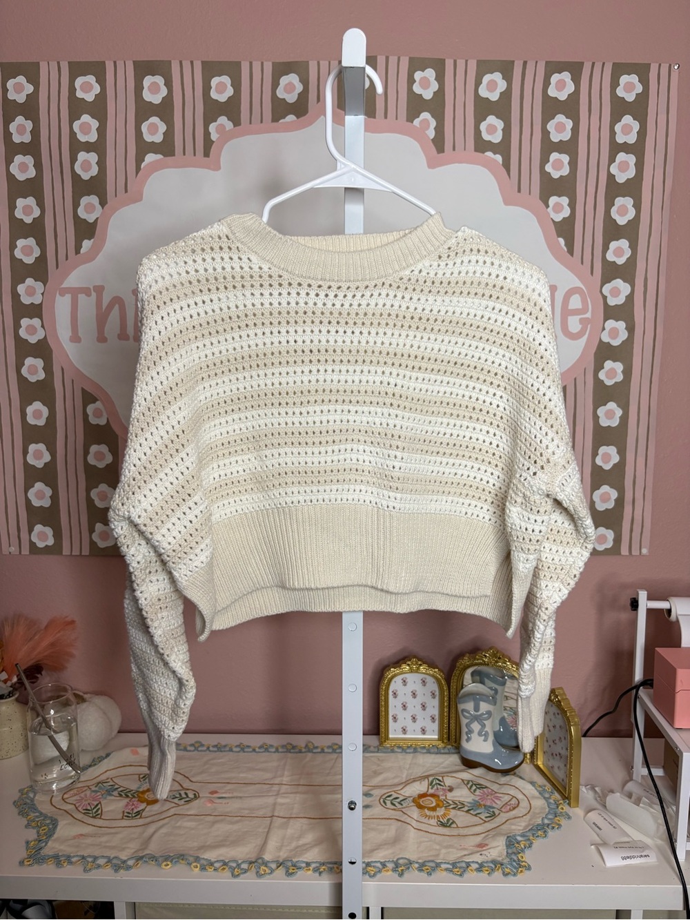 Cream Open-Knit Cropped Sweater - Women’s moon and Madison